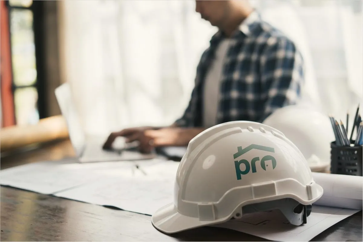 A contractor planning work at a laptop, a MyHomeStory Pro hard hat on the desk