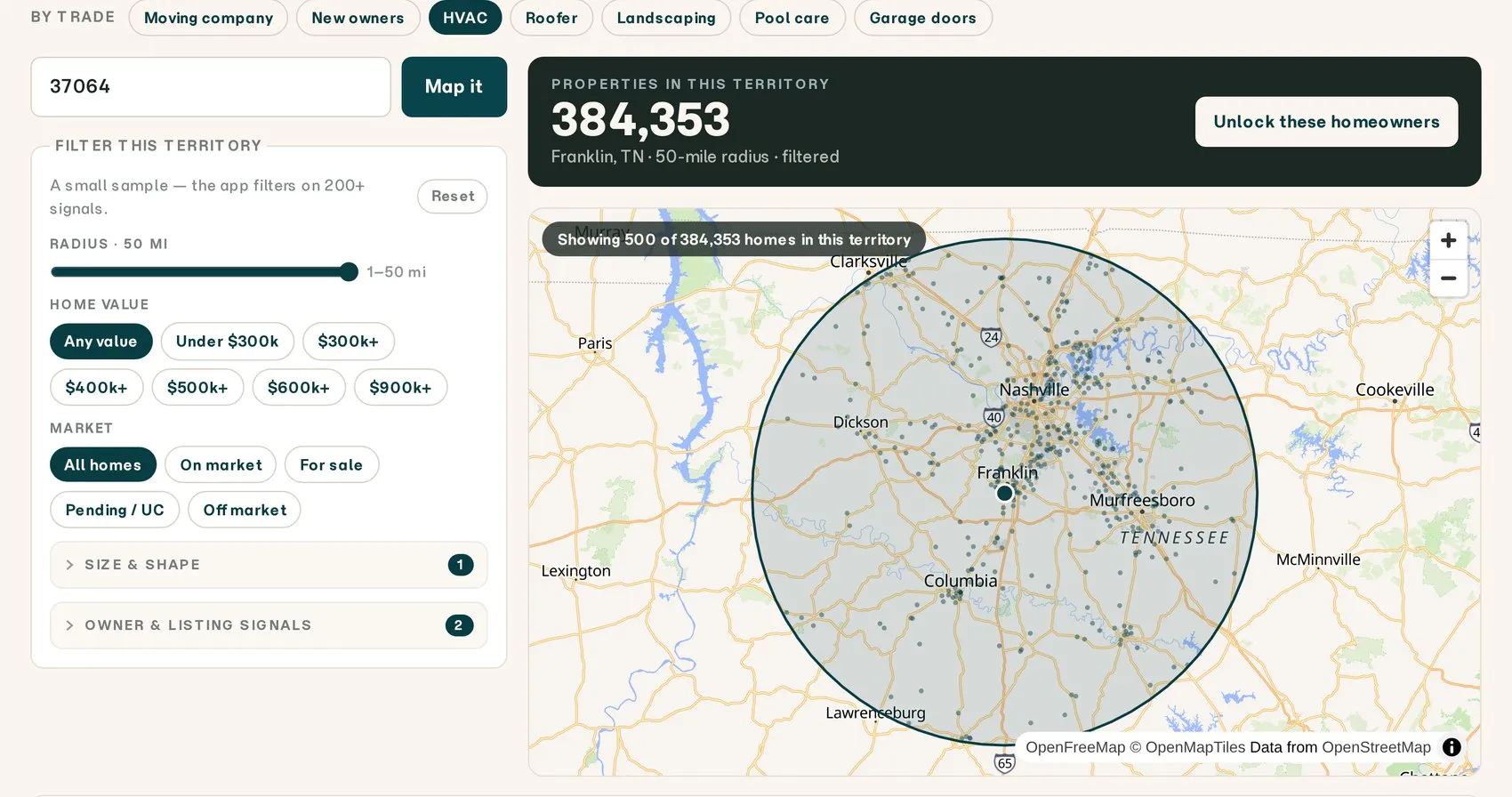 The MyHomeStory Pro territory tool: a 50-mile radius around Franklin, Tennessee holding 384,353 properties, with the trade and value filters beside it
