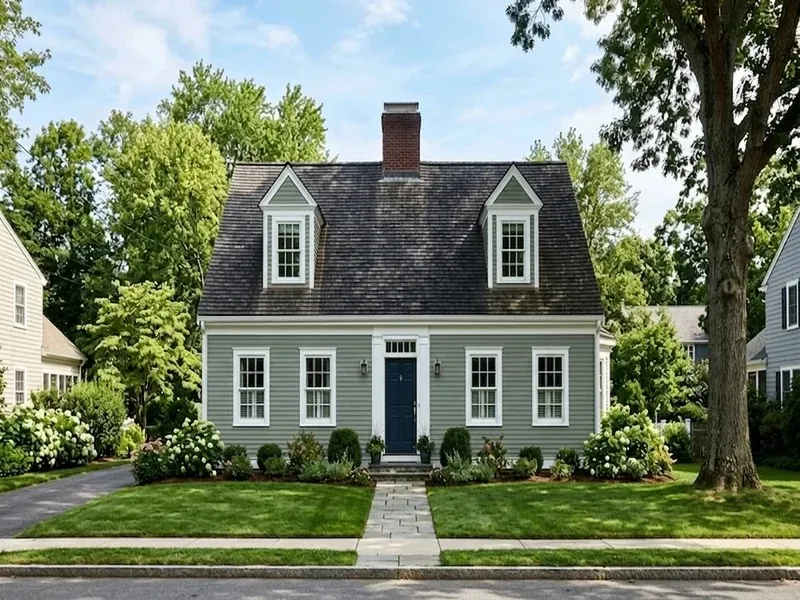 A gray two-story home with a landscaped front yard