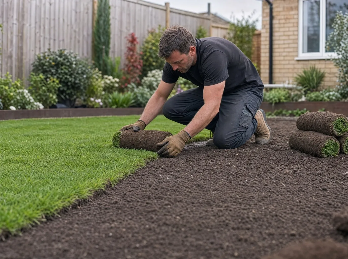 A landscaper laying fresh rolls of turf for a new lawn
