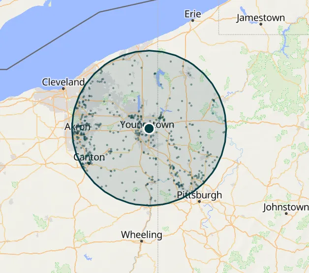 Map of a service territory with a coverage radius