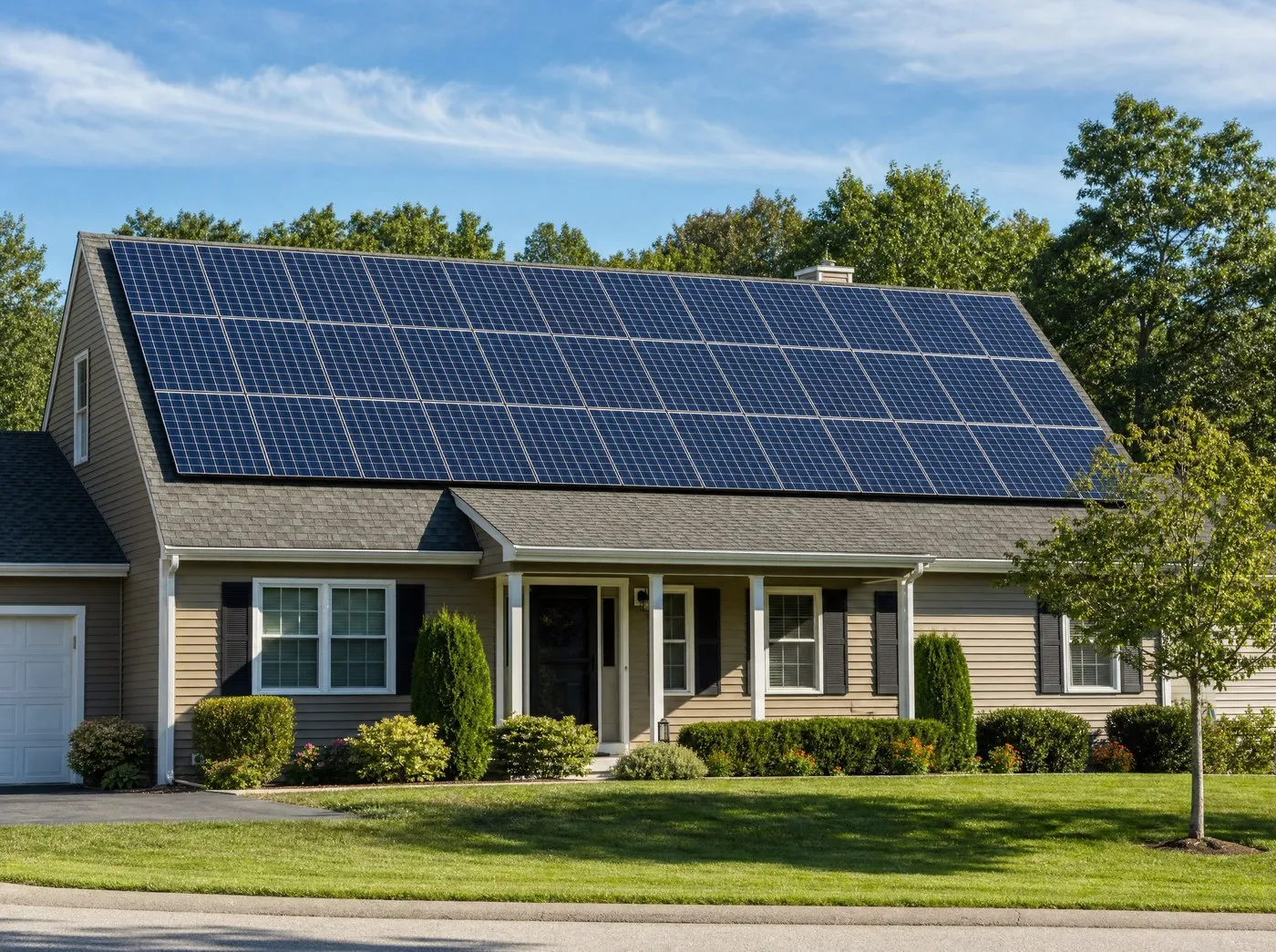 Solar panels covering the roof of a suburban home