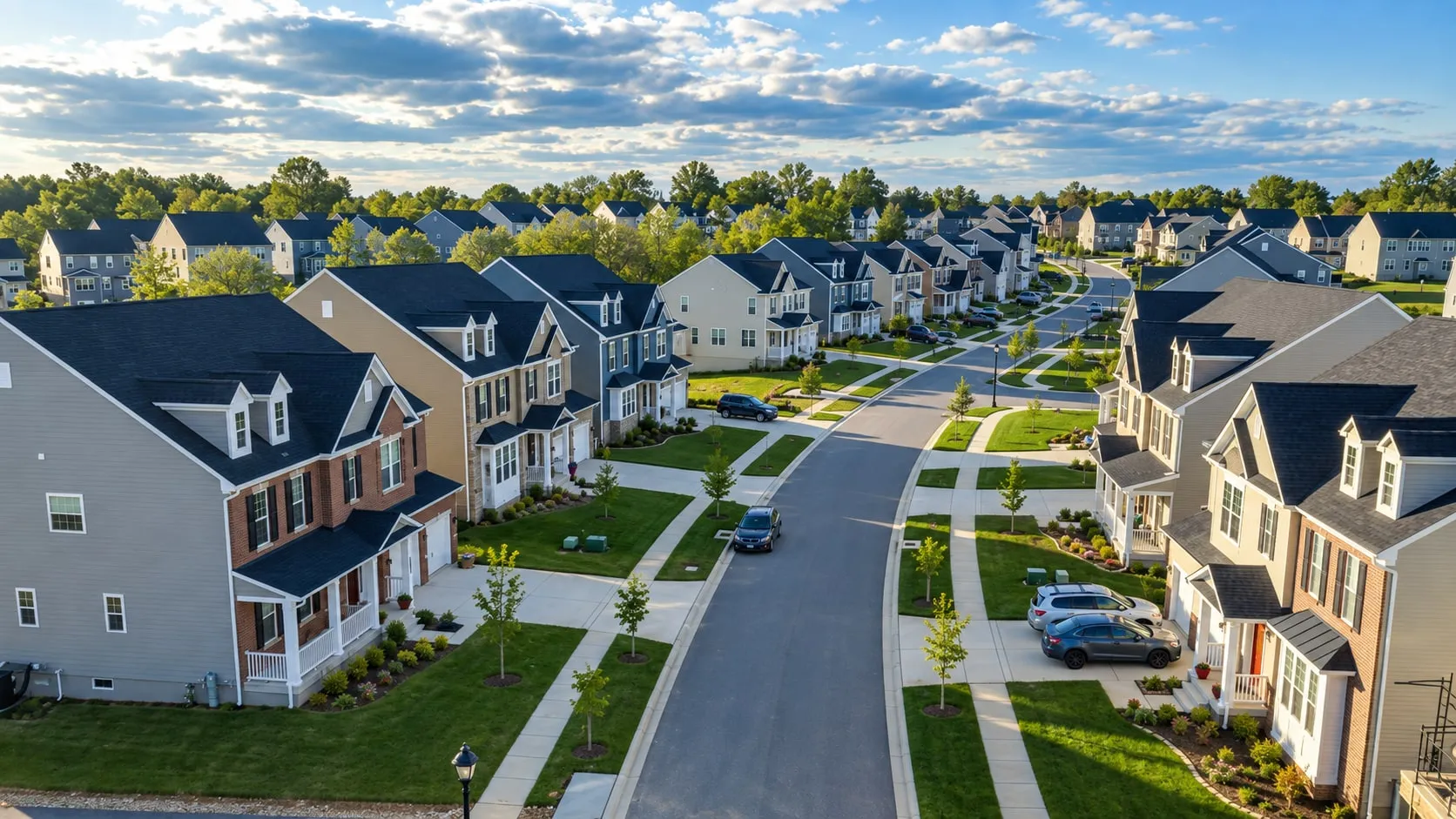 Aerial view of a suburban street lined with single-family homes