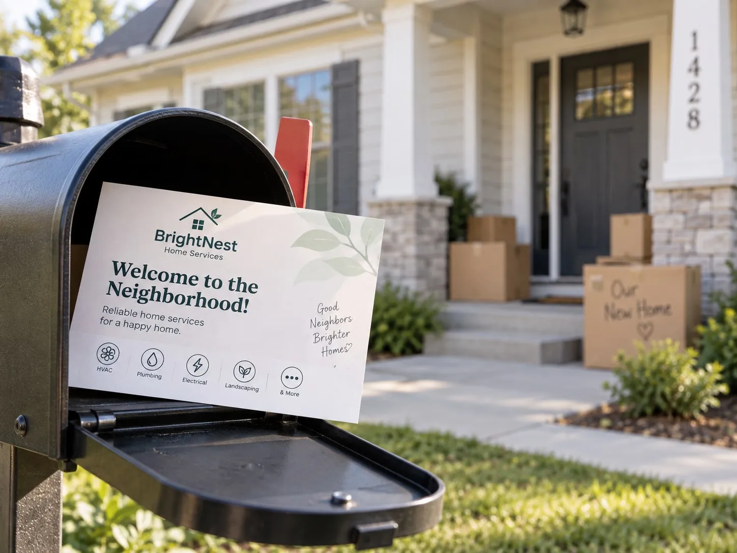 A "Welcome to the Neighborhood" postcard from a home-services company in an open mailbox, moving boxes on the porch behind it